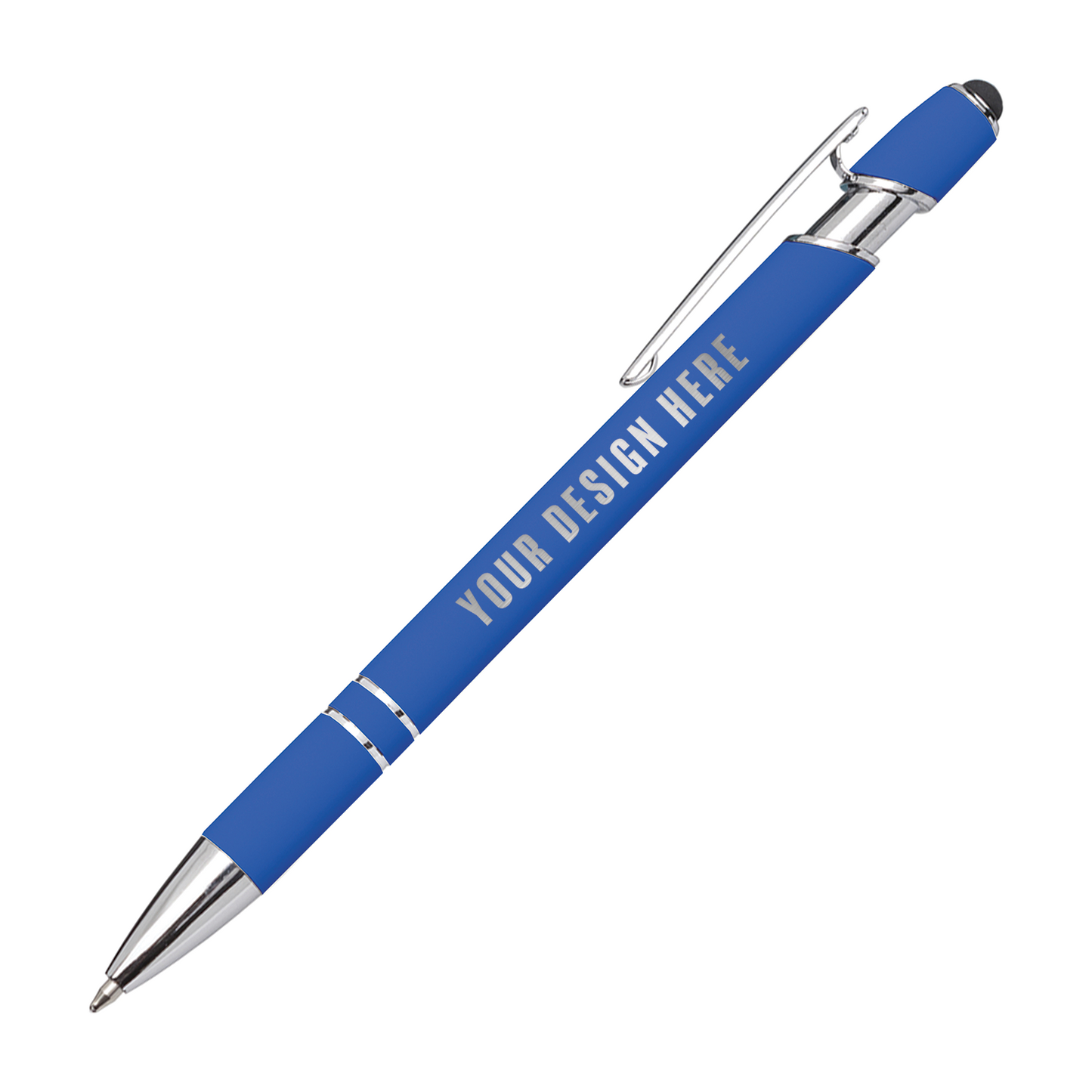 Blue Kurt soft touch metal pen featuring chrome trim, stylus tip, and customizable imprint area with text “Your Design Here”.