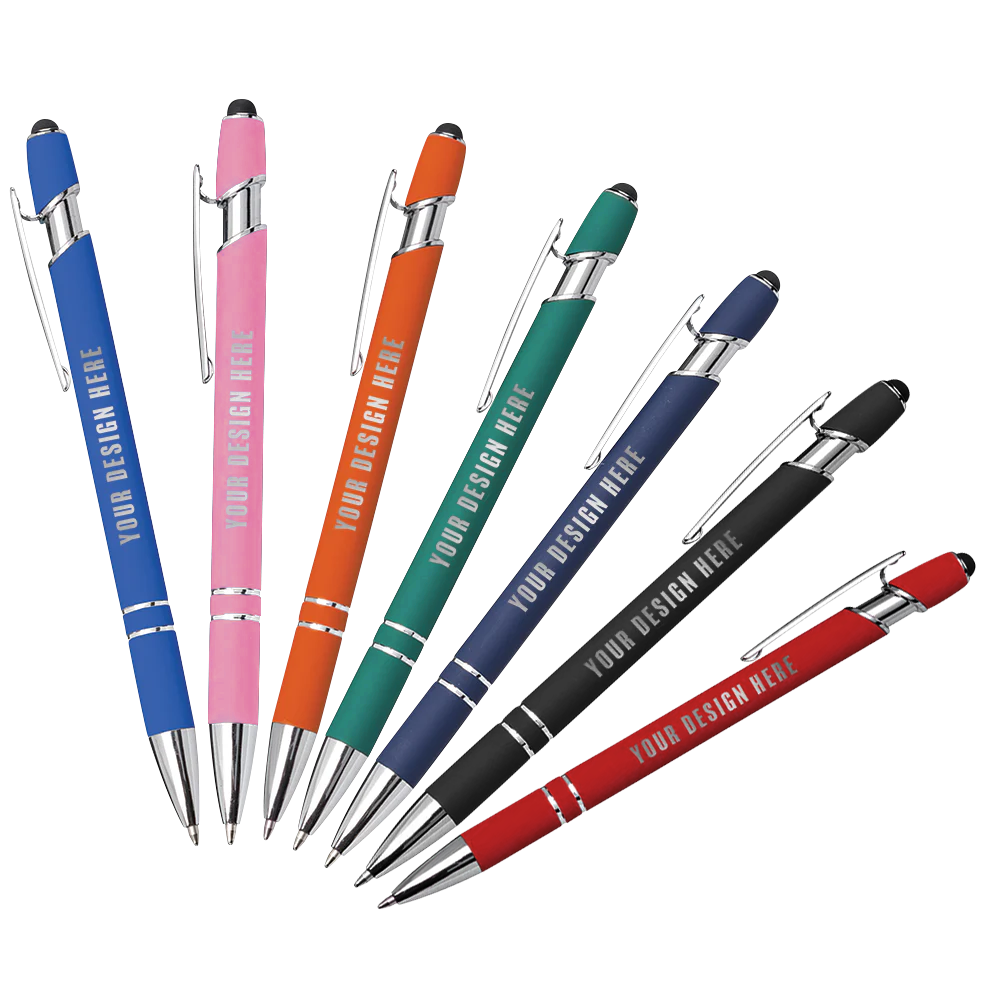 Assorted Kurt soft touch metal pens with stylus tips in blue, purple, orange, green, navy, black, and red, featuring chrome accents and customizable design area.