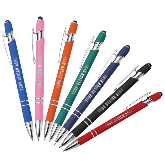 Assorted Kurt soft touch metal pens with stylus tips in blue, purple, orange, green, navy, black, and red, featuring chrome accents and customizable design area.