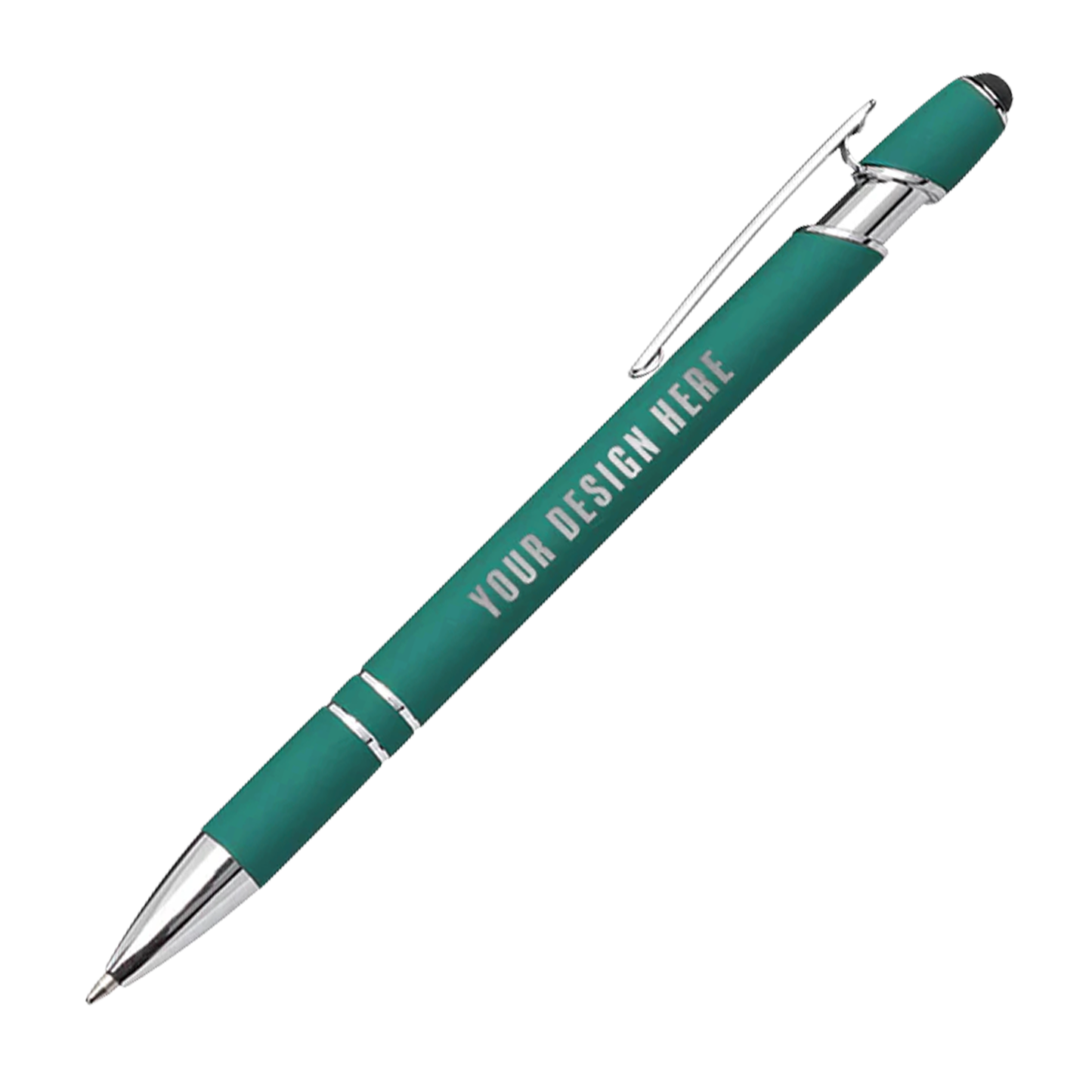 Green Kurt soft touch metal pen with stylus tip, chrome accents, and customizable imprint area showing “Your Design Here”.