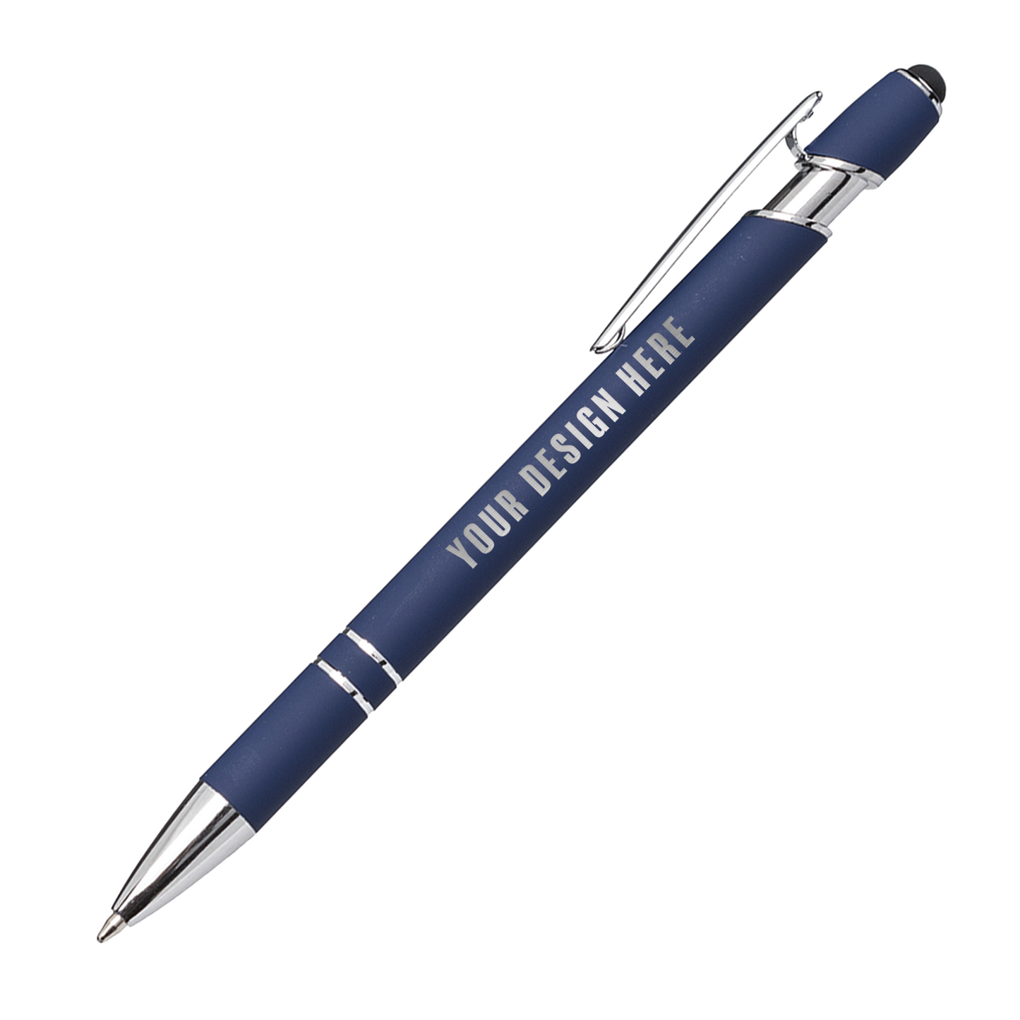 Navy Kurt soft touch metal pen with chrome accents, stylus tip, and customizable imprint area showing “Your Design Here”.