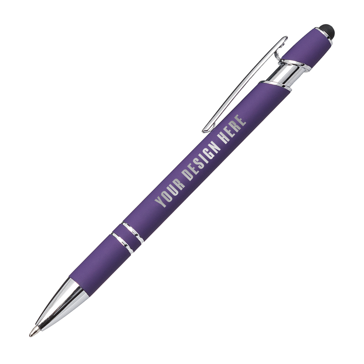 Purple Kurt soft touch metal pen with stylus tip, chrome trim, and customizable imprint area reading “Your Design Here”.