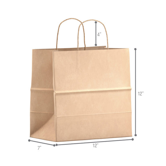 Natural kraft paper shopping bag with twisted handles, eco-friendly and durable, 12 inches wide, 7 inches deep, 12 inches high, ideal for retail, groceries, and takeout