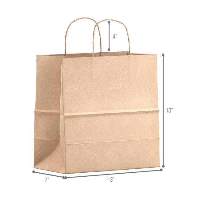Natural kraft paper shopping bag with twisted handles, eco-friendly and durable design, 13 inches wide, 7 inches deep, 13 inches high, suitable for retail and takeout