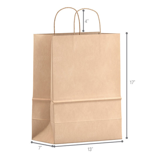 Natural kraft paper shopping bag with twisted handles, eco-friendly design, 13 inches wide, 7 inches deep, 17 inches high, ideal for retail and groceries
