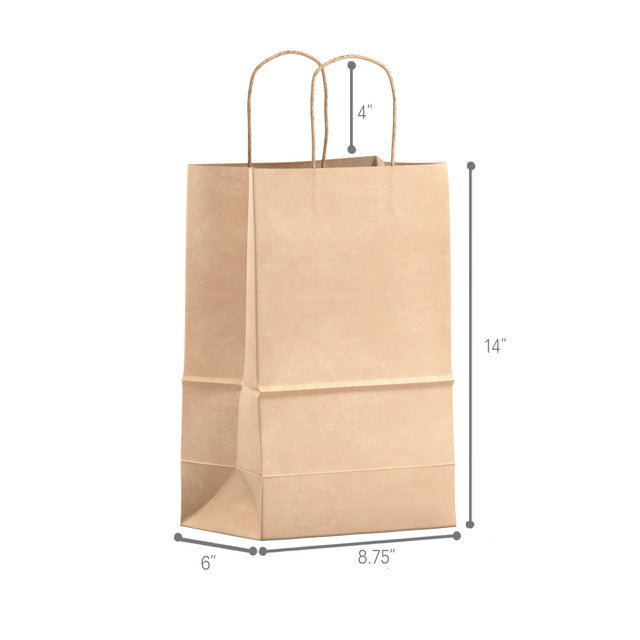 Natural kraft paper shopping bag with twisted handles, eco-friendly and sturdy design, 8.75 inches wide, 6 inches deep, 14 inches high, ideal for retail, groceries, and takeout