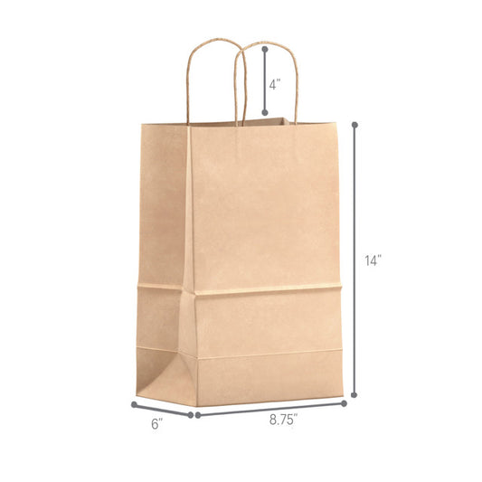 Natural kraft paper shopping bag with twisted handles, eco-friendly and sturdy design, 8.75 inches wide, 6 inches deep, 14 inches high, ideal for retail, groceries, and takeout