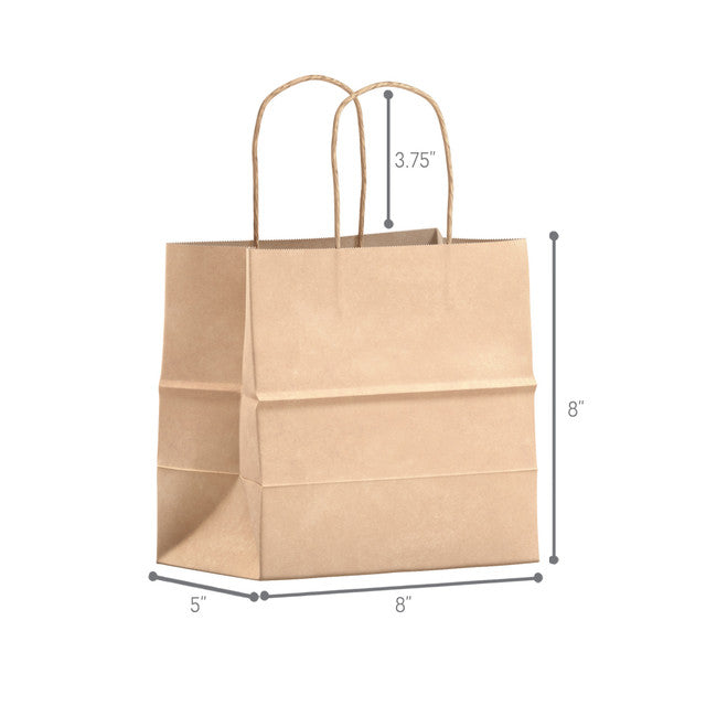 Natural kraft paper shopping bag with twisted handles, eco-friendly and sturdy design, 8 inches wide, 5 inches deep, 8 inches high, ideal for small retail items and gifts