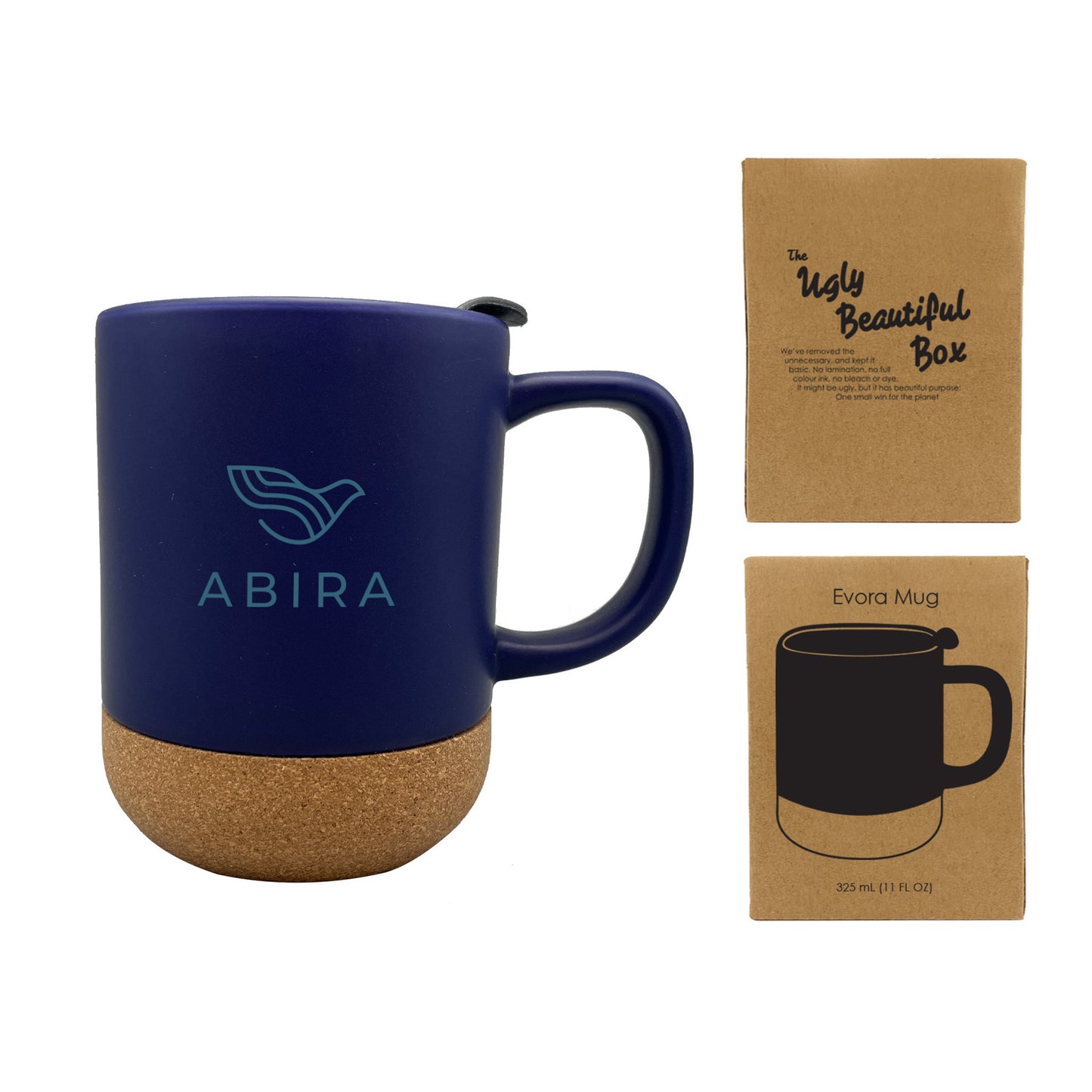Navy blue Evora ceramic mug with cork base and lid featuring Abira logo, shown with eco-friendly Ugly Beautiful packaging, ideal for custom drinkware and corporate gifts