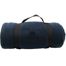Navy blue fleece blanket rolled up with black straps and carry handle, ideal for outdoor events, camping, or travel
