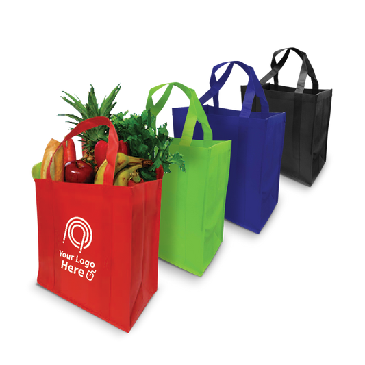 Non-woven reusable grocery bags 15"W x 8"D x 15"H with reinforced handles, shown in red, green, blue, and black, with produce inside red bag
