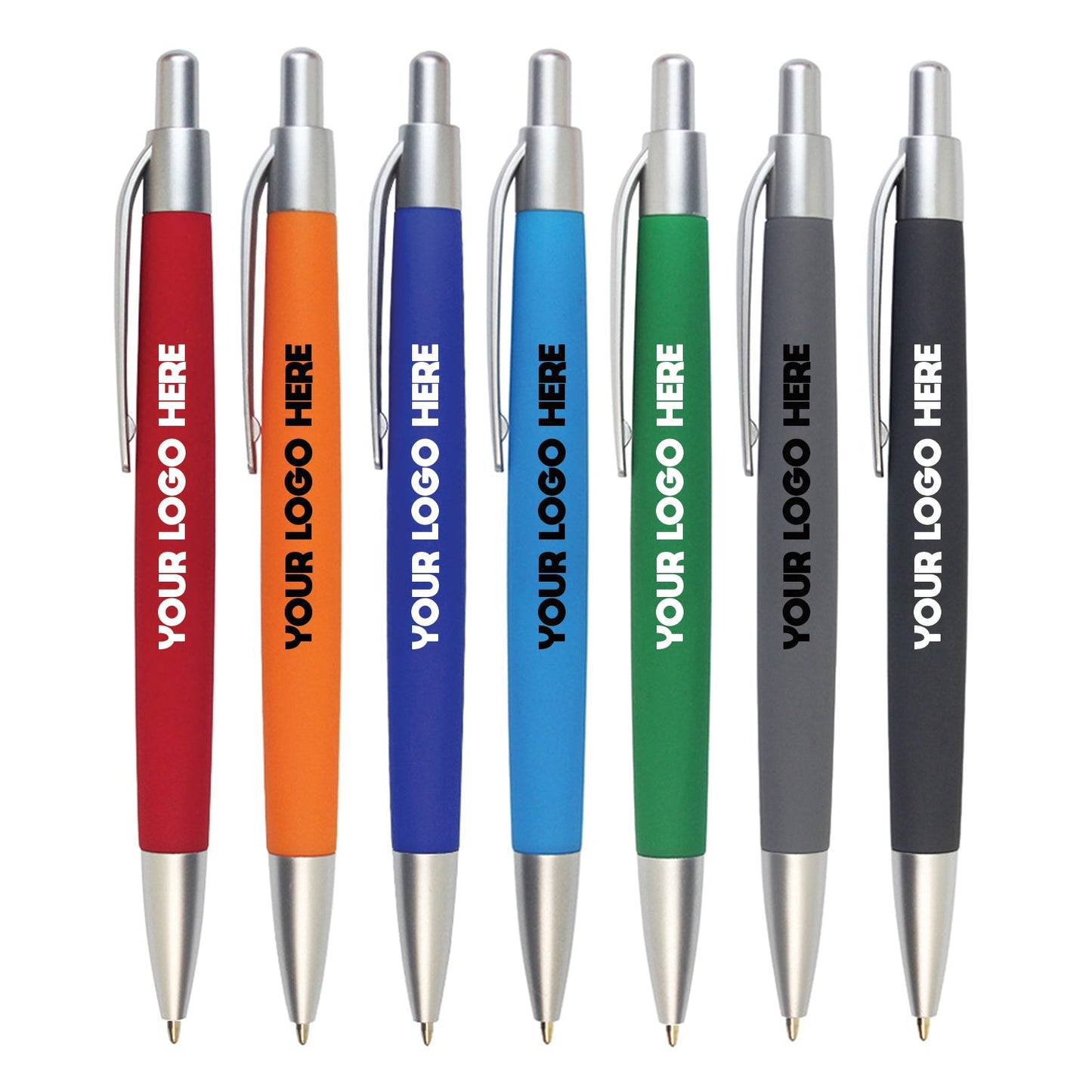 Promo click-action plastic ballpoint pens in assorted colors with single color logo printed vertically on the barrel.