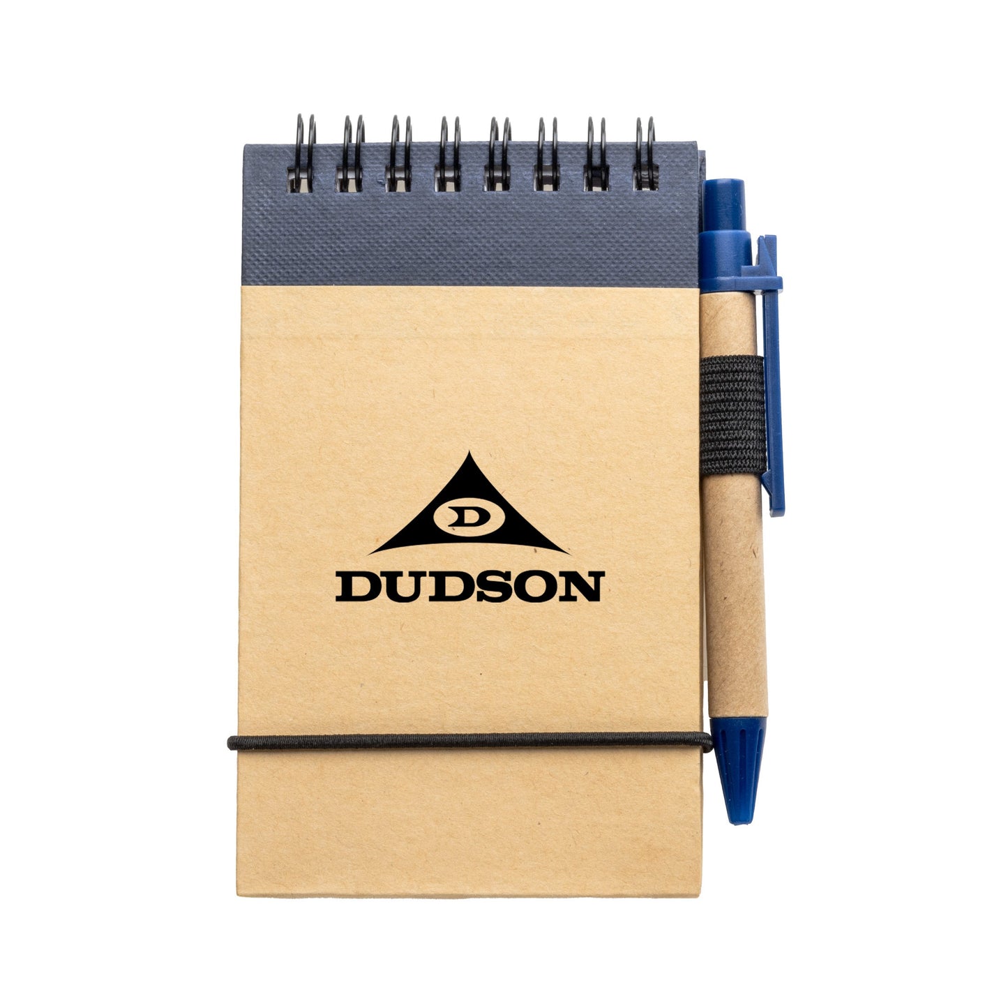 Recycled flip-up notepad with blue spiral binding and matching blue eco-friendly pen, featuring Dudson logo on kraft paper cover.
