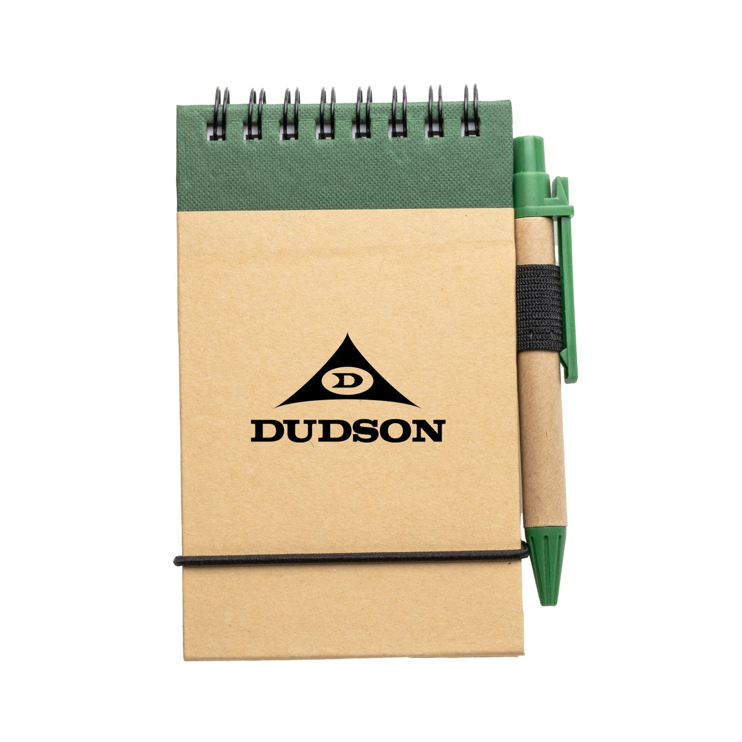 Recycled flip-up notepad with green spiral binding and matching green eco-friendly pen, featuring Dudson logo on kraft paper cover.