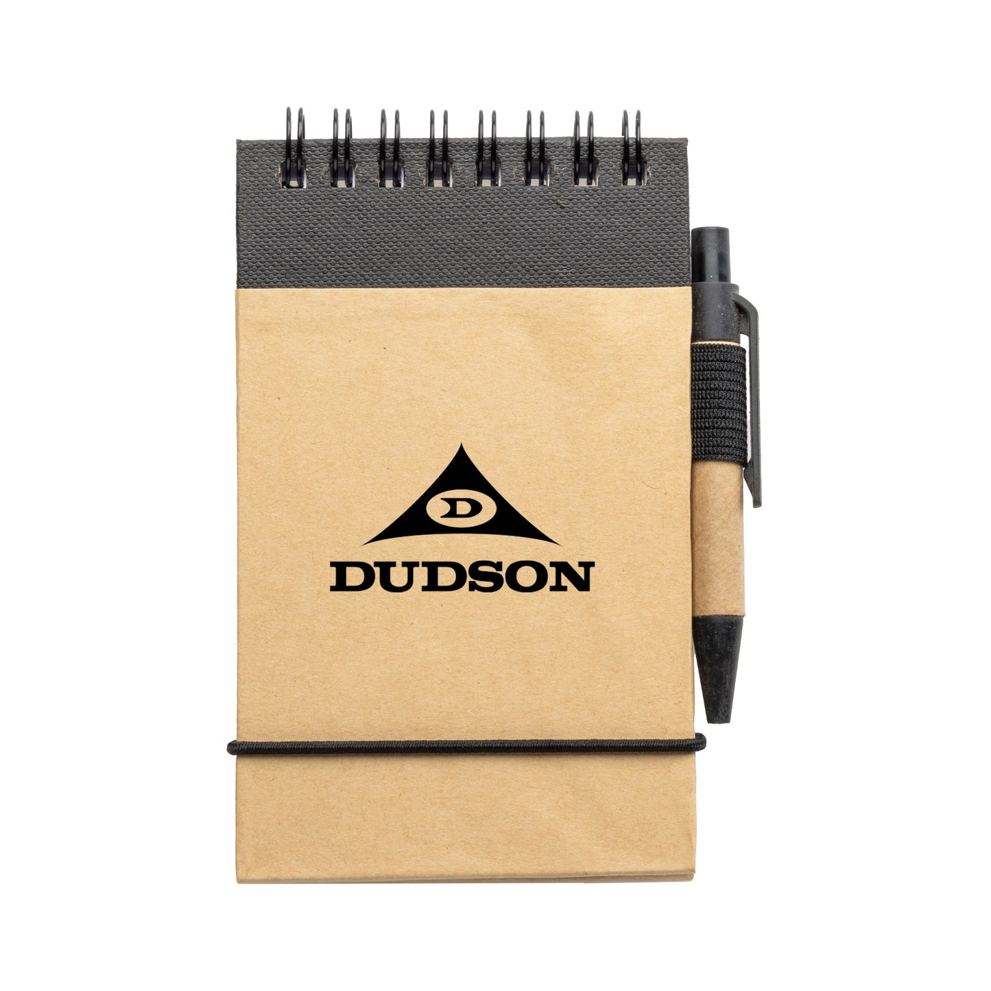 Recycled flip-up notepad with black spiral binding, elastic closure, and matching eco-friendly pen featuring Dudson logo.