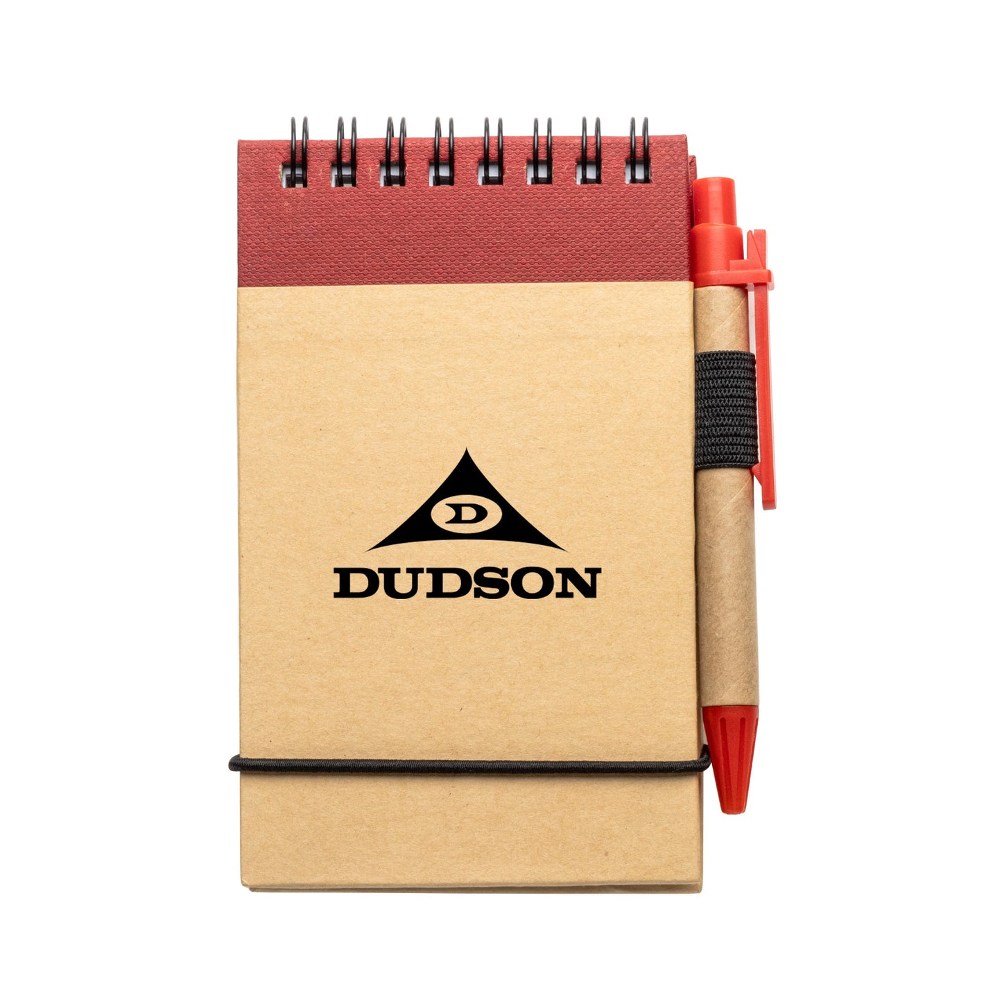 Recycled flip-up notepad with red spiral binding and matching red eco-friendly pen, featuring Dudson logo on the kraft cover.