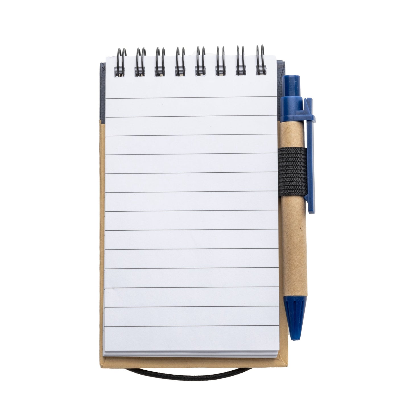 Eco-friendly recycled flip-up notepad with lined pages and blue pen secured in elastic loop.