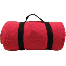 Red fleece blanket rolled up with black straps and a carry handle, perfect for travel, camping, and outdoor activities