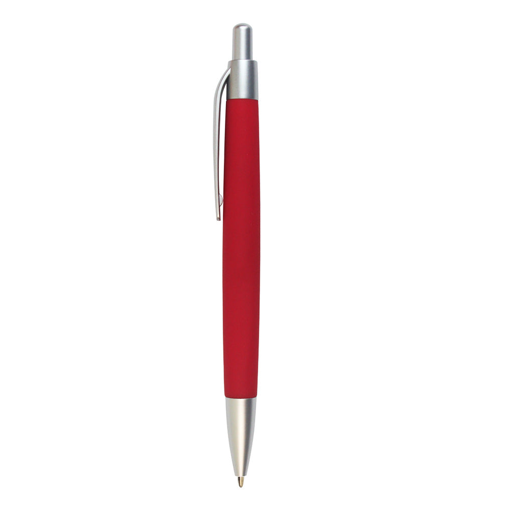 Red promotional click-action plastic ballpoint pen with silver clip and tip, no logo.