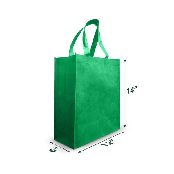 Reusable medium non-woven shopping bag, 12 inches wide by 6 inches deep by 14 inches high, green color, blank with no imprint.