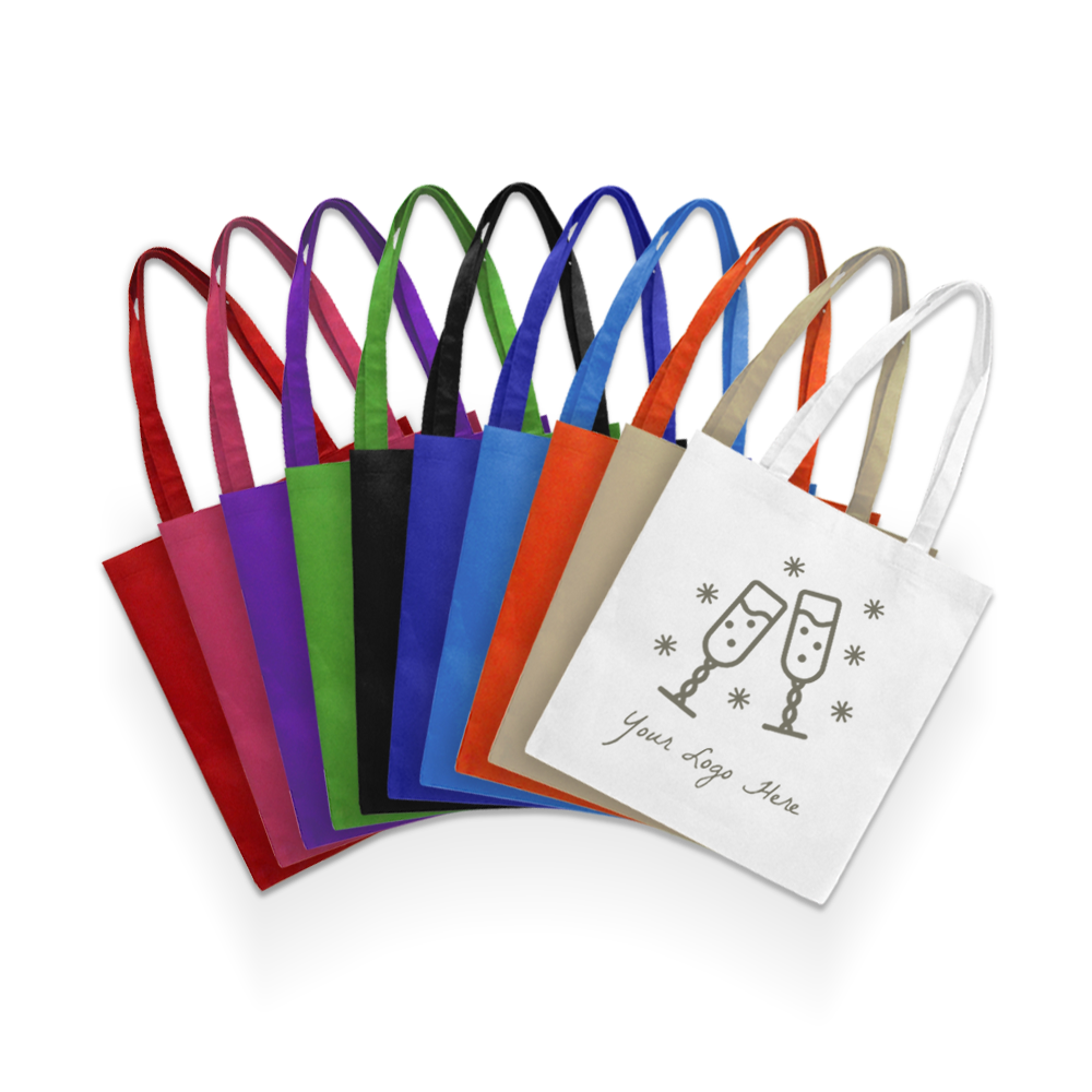 Reusable non-woven shopping bags, best value design, 15 inches wide by 16 inches high, 80gsm, available in multiple colors with custom logo imprint.