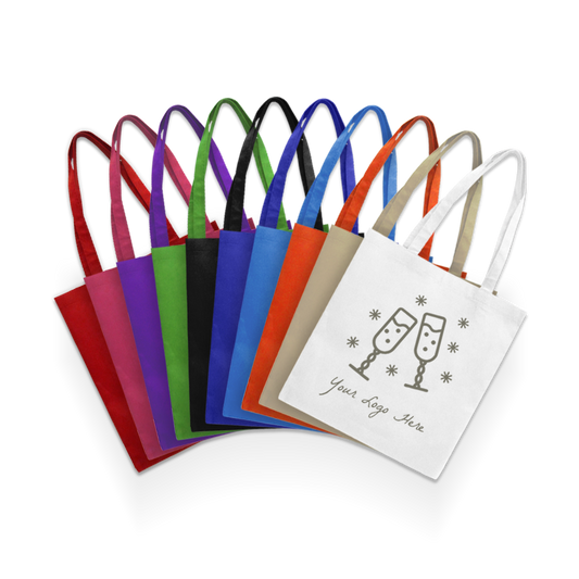 Reusable non-woven shopping bags, best value design, 15 inches wide by 16 inches high, 80gsm, available in multiple colors with custom logo imprint.