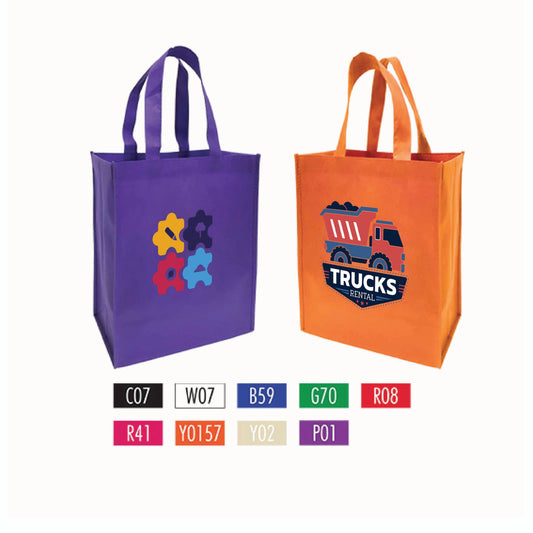 Reusable medium non-woven shopping bags, 12 inches wide by 6 inches deep by 14 inches high, available in multiple colors with custom logo imprint options.