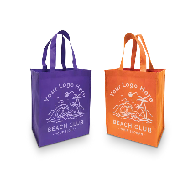 Reusable medium non-woven shopping bags, 12 inches wide by 6 inches deep by 14 inches high, shown in purple and orange with custom beach club logo imprint.