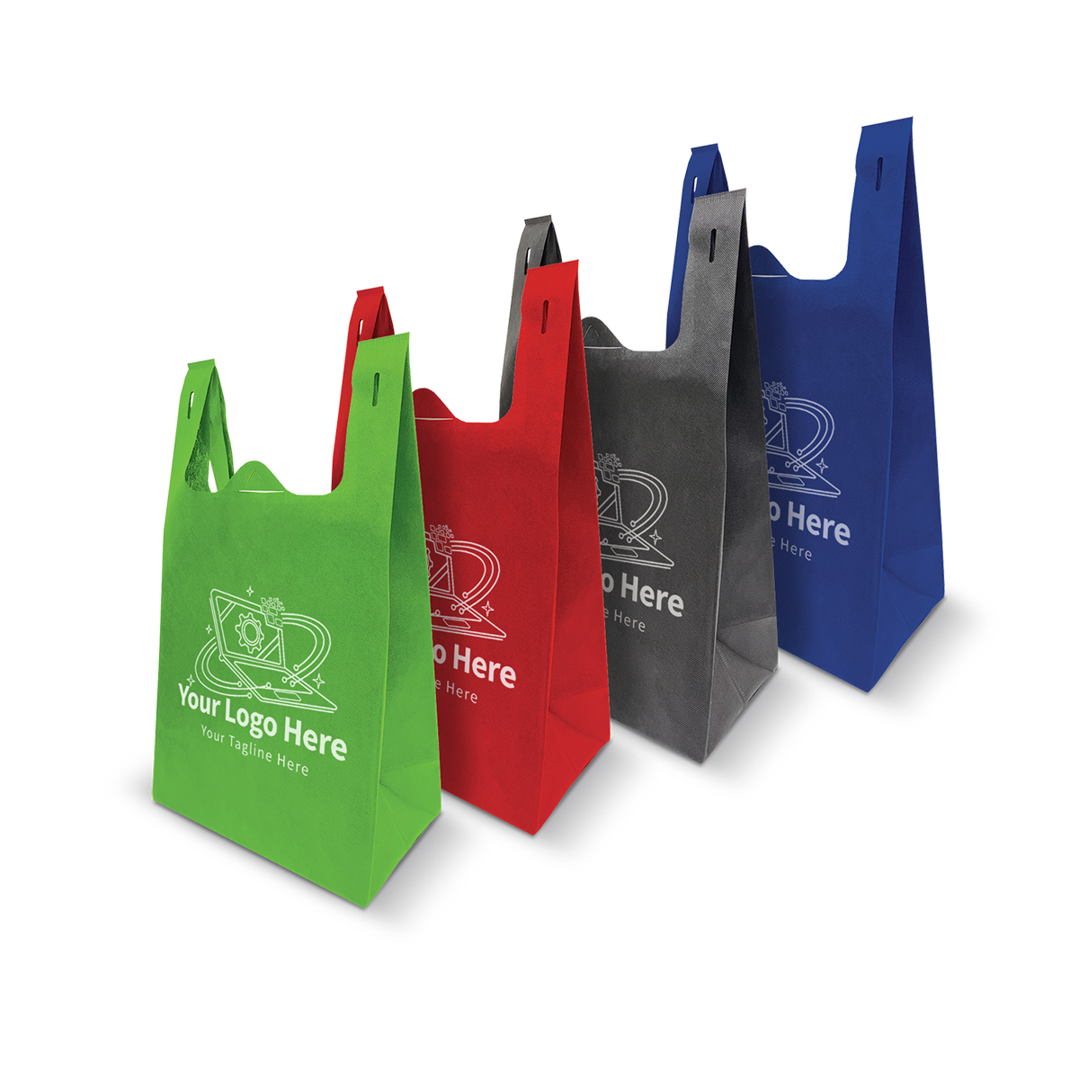 Reusable T-shirt style non-woven shopping bags, 11 inches wide by 7 inches deep by 20 inches high, 70gsm, in green, red, gray, and blue with custom logo imprint.