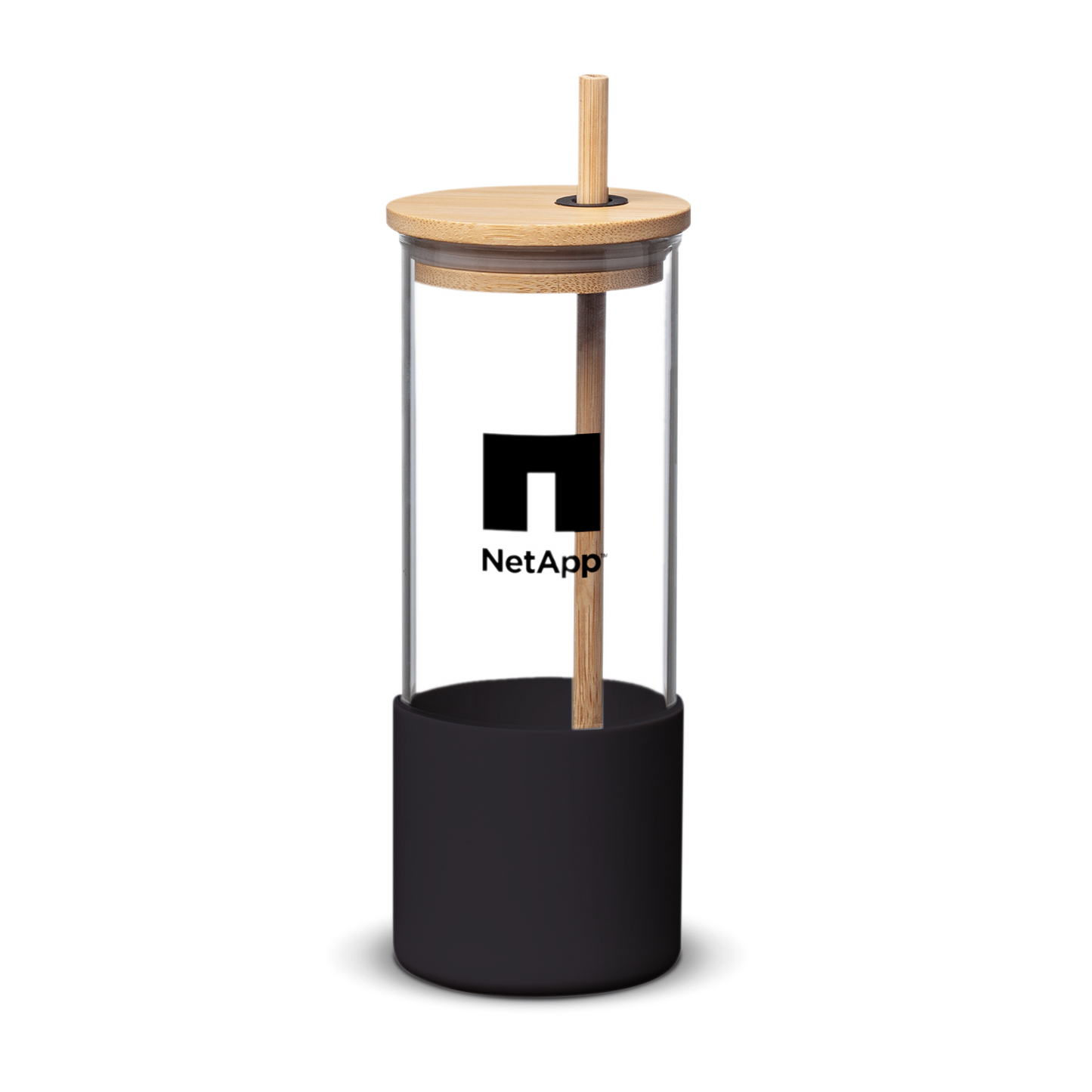 Shanti 17oz borosilicate tumbler with black silicone sleeve, bamboo lid and straw, and NetApp logo printed on glass
