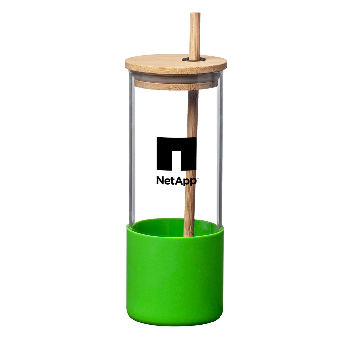 Shanti 17oz borosilicate glass tumbler with green silicone sleeve, bamboo lid, bamboo straw, and NetApp logo