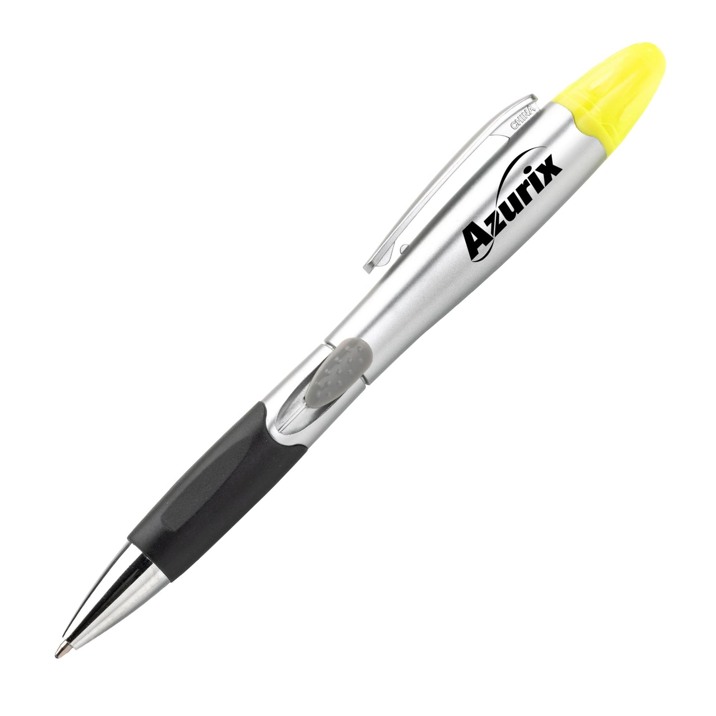 Silver Champion pen with black grip and integrated yellow highlighter, featuring Azurix logo on barrel.