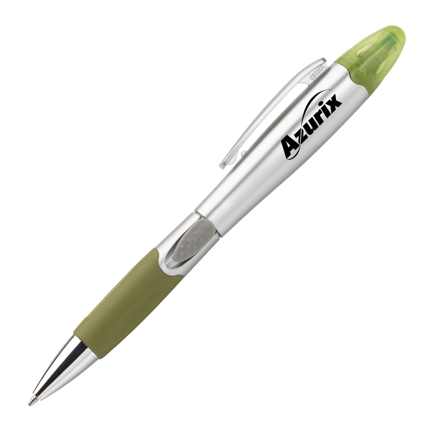 Silver Champion pen with green grip and integrated green highlighter combo, branded with Azurix logo.