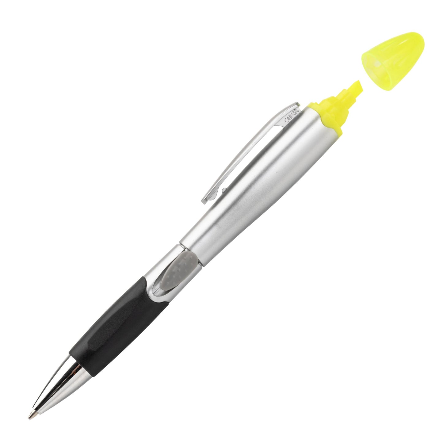 Silver Champion pen with black grip and integrated yellow highlighter shown with cap removed.