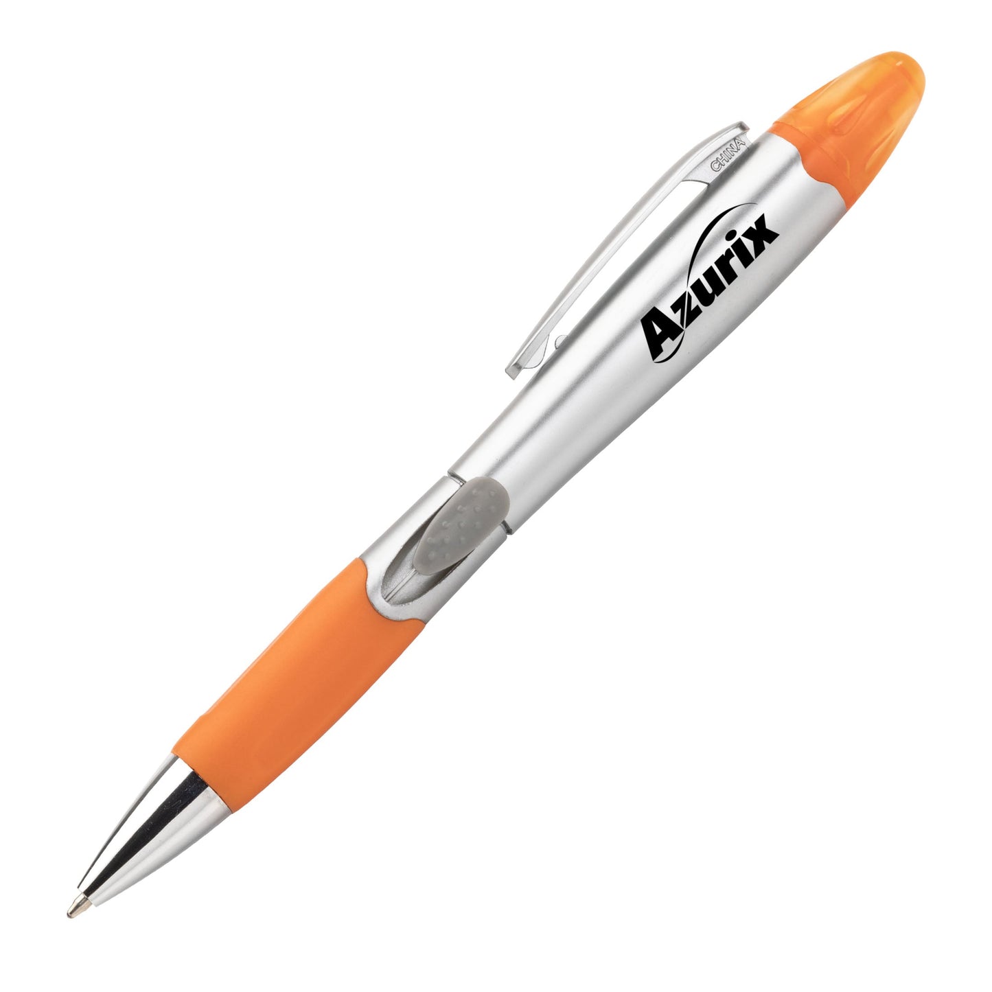 Silver Champion pen with orange grip and integrated orange highlighter combo, featuring Azurix logo.