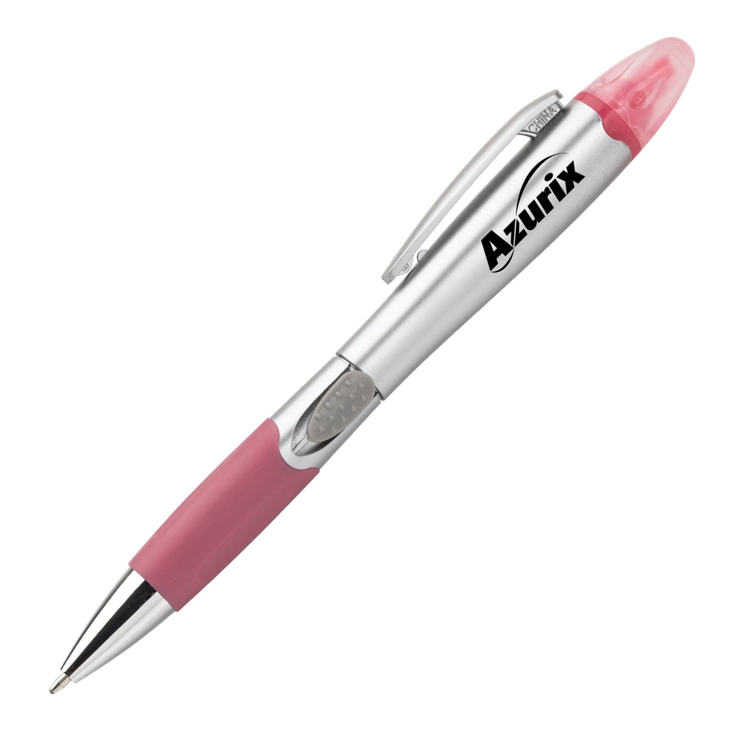 Silver Champion pen with pink grip and matching pink highlighter cap, featuring Azurix logo.