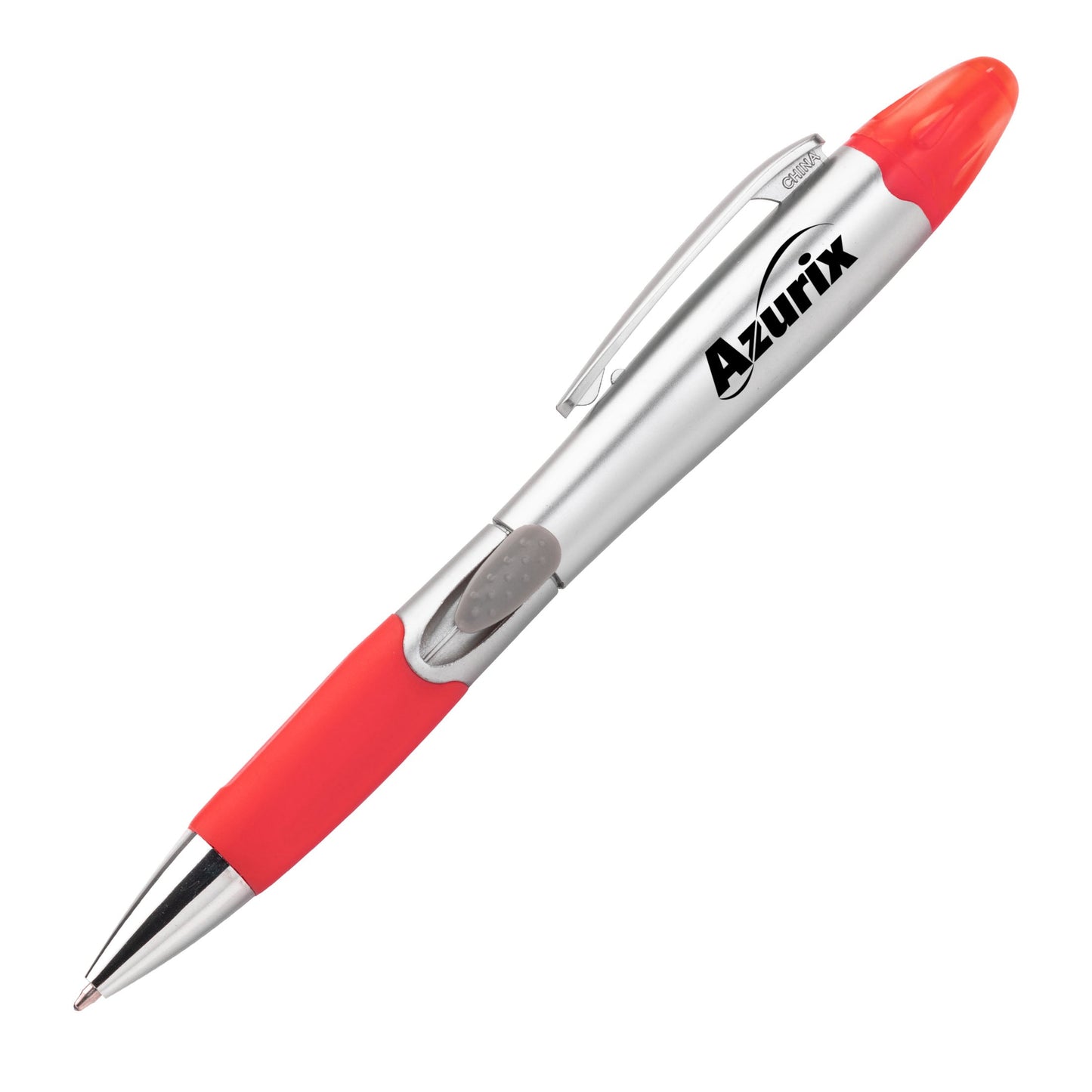 Silver Champion pen with red grip and matching red highlighter cap, branded with Azurix logo