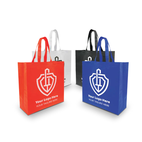 Spacious ultrasonic non-woven shopping bags 70gsm, 15.5"W x 6"D x 15.5"H, in red, blue, black, and white with custom logo print, reusable tote bags for shopping or retail