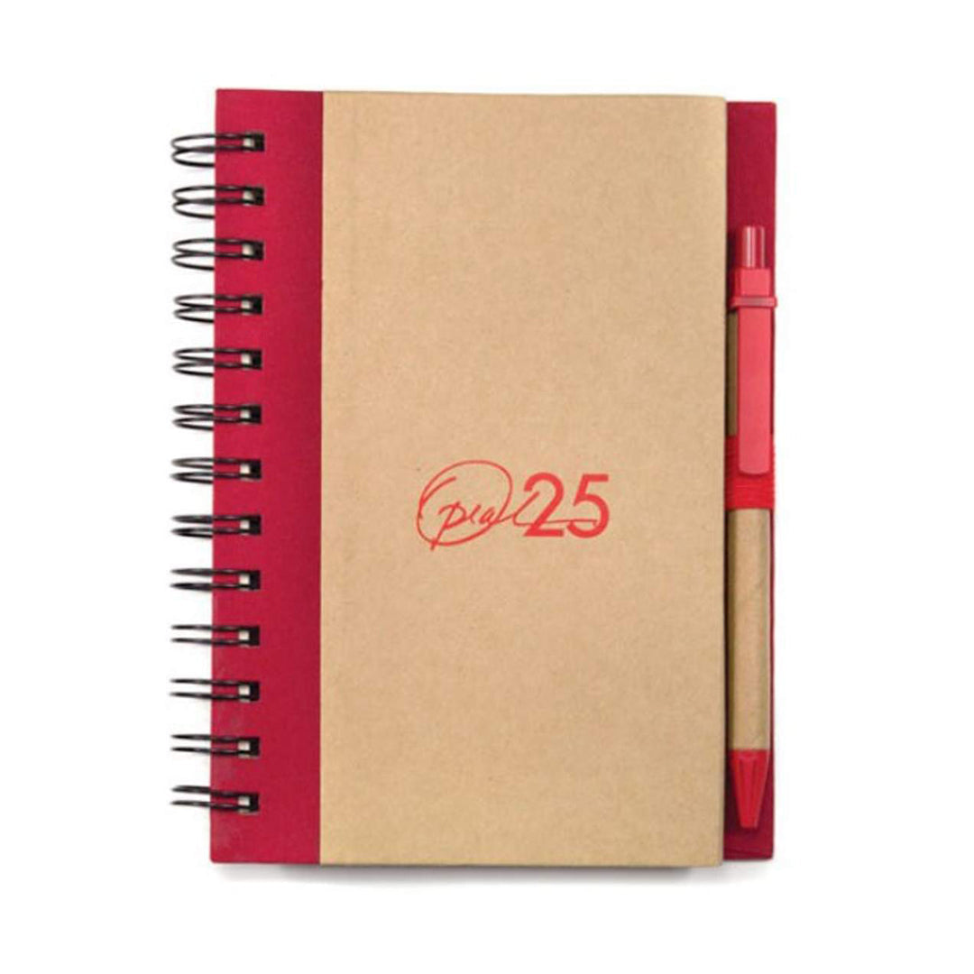 Spiral-bound kraft notebook with red spine and matching red pen, eco-friendly design.