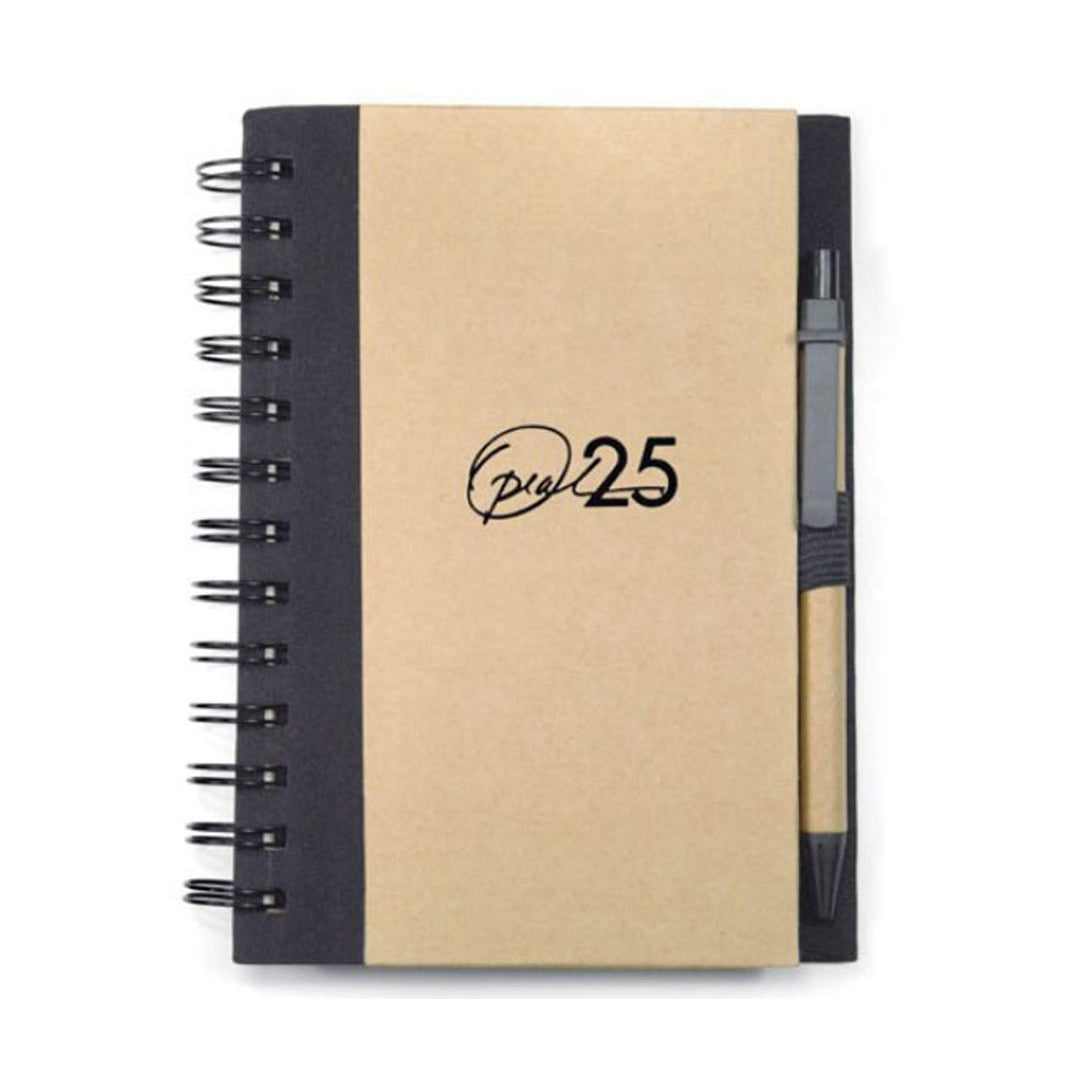 Eco-friendly spiral bound notebook with kraft cover and matching harvest pen set, featuring black binding and pen loop, ideal for promotional use.
