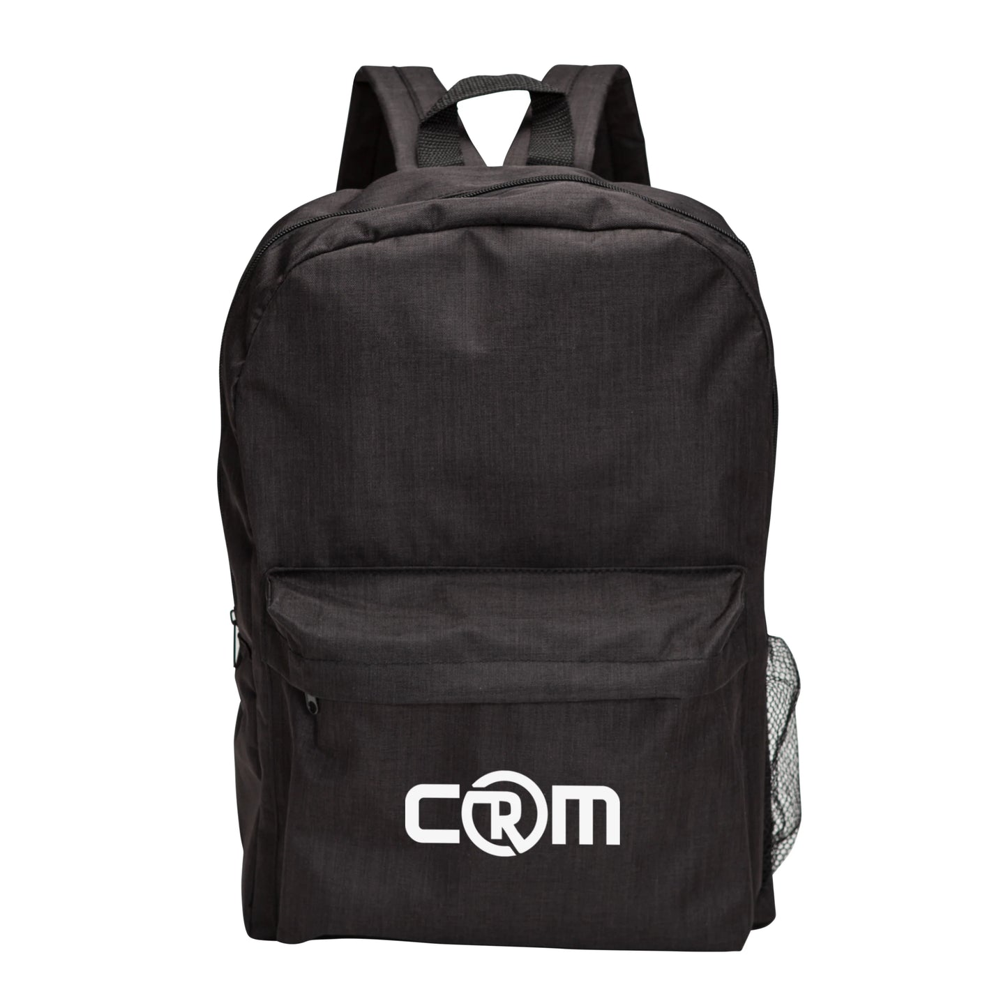 Tecumseh heather backpack 12"W x 7"D x 18"H in black with front zipper pocket, mesh side pocket, and custom CRM logo print