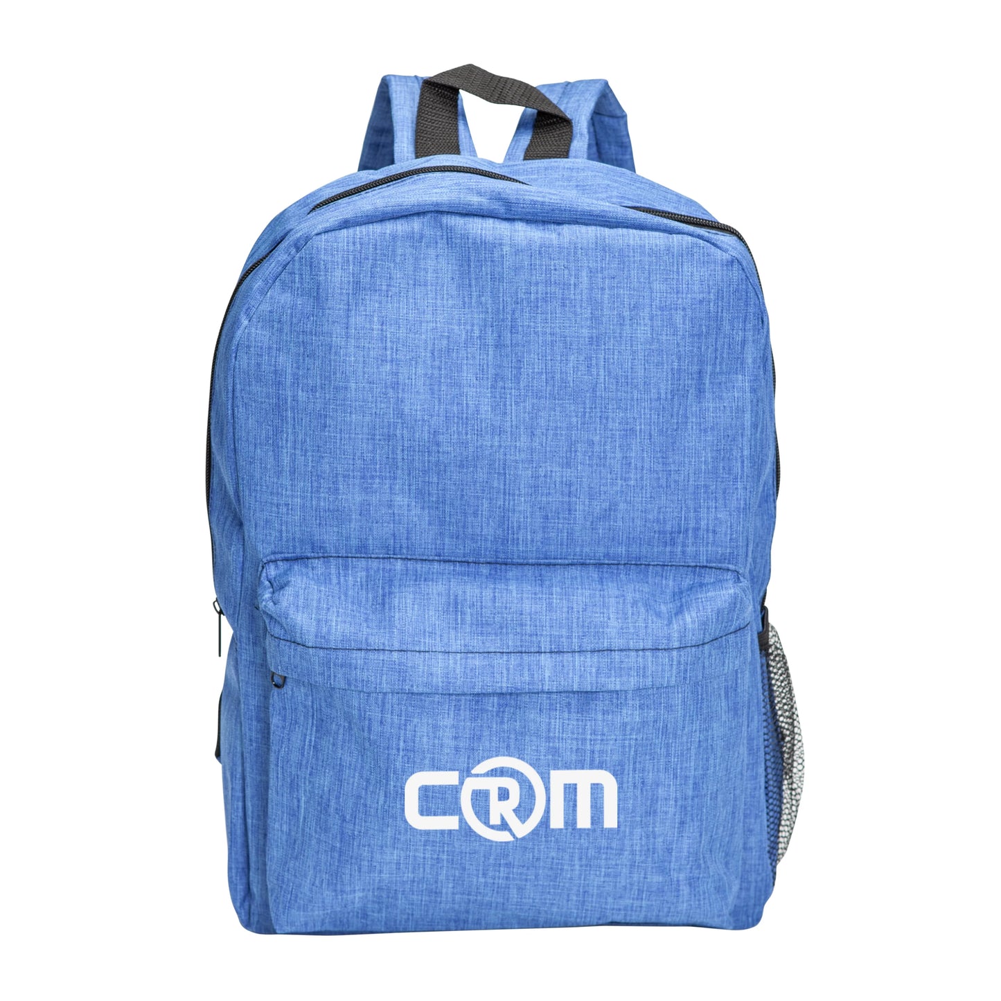 Tecumseh heather backpack 12"W x 7"D x 18"H in blue with front zipper pocket, mesh side pocket, and custom CRM logo print