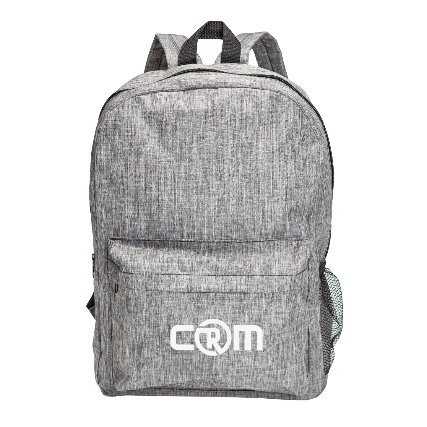 Tecumseh heather backpack 12"W x 7"D x 18"H in grey with front zipper pocket, mesh side pocket, and custom CRM logo print