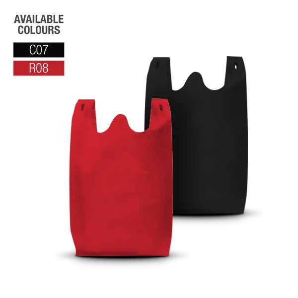 T-Shirt style non-woven shopping bags in red and black colours, size 10 inches wide by 18 inches high by 5 inches deep, 30 gsm blank design.