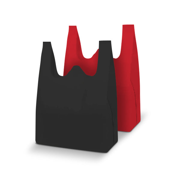 T-Shirt style non-woven shopping bags in black and red, size 10 inches wide by 18 inches high by 5 inches deep, 30 gsm blank design.