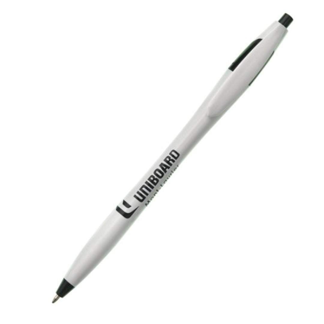White Verda click-action plastic ballpoint pen with black trim and Uniboard logo printed on the barrel.