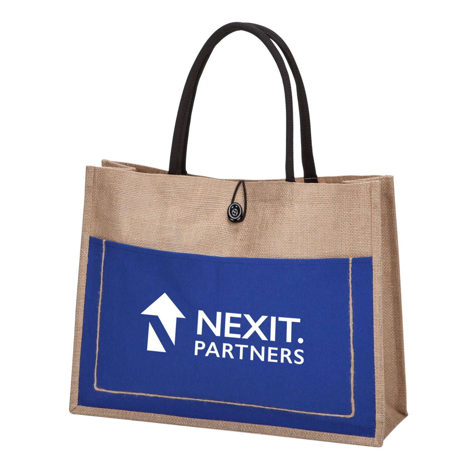 Vivendi jute tote bag with blue front pocket, custom white logo print, black handles, and top closure button, size 18 inches wide, 5.5 inches deep, 14 inches high