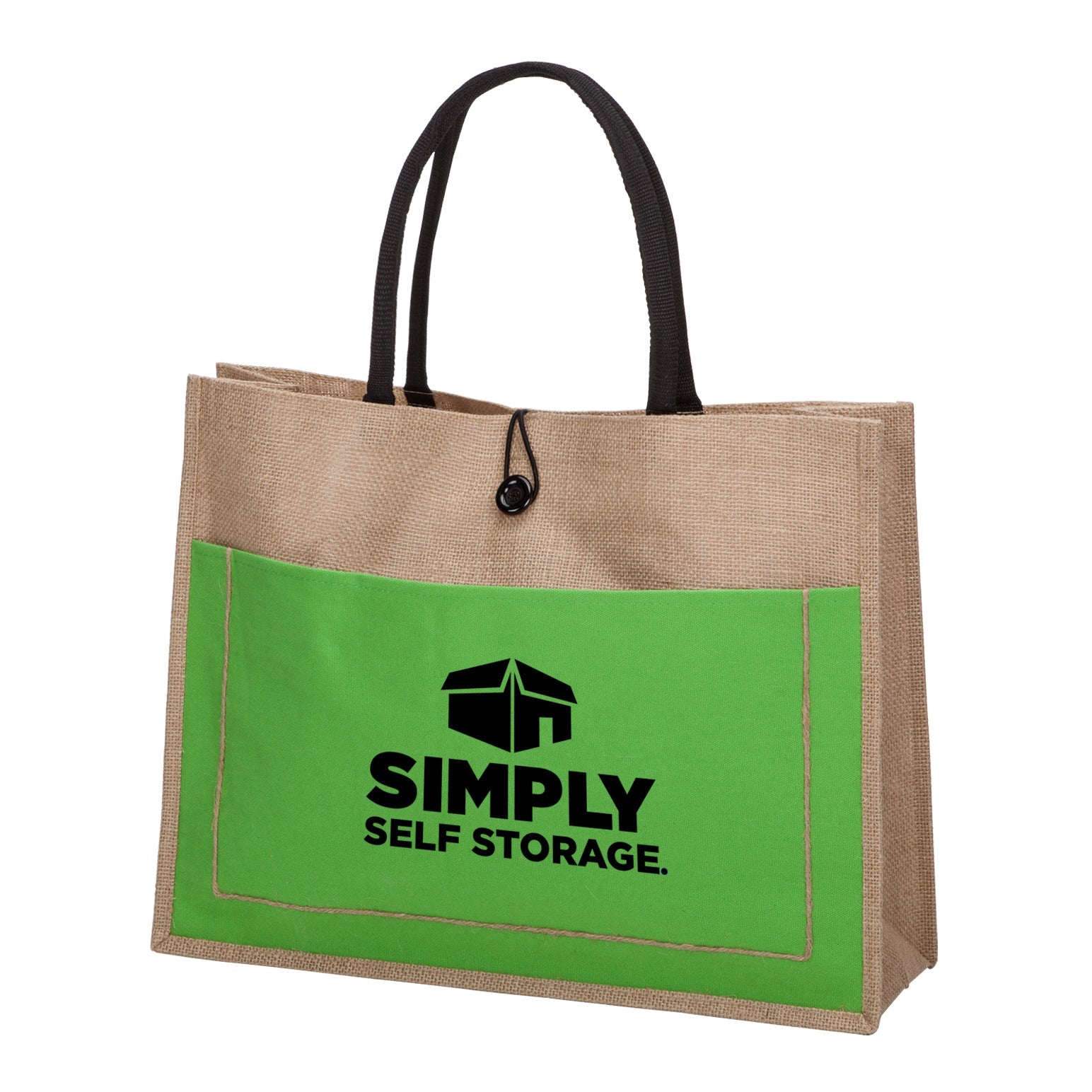 Vivendi jute tote bag with green front pocket, custom black logo print, black handles, and top closure button, size 18 inches wide, 5.5 inches deep, 14 inches high