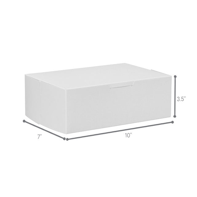 White bakery box with tuck top design, clean and sturdy construction, 10 inches by 7 inches by 3.5 inches, perfect for pastries, cookies, and small cakes
