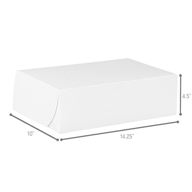 White bakery box with tuck top design, clean and sturdy construction, 14.25 inches by 10 inches by 4.5 inches, ideal for cakes, pastries, and baked goods